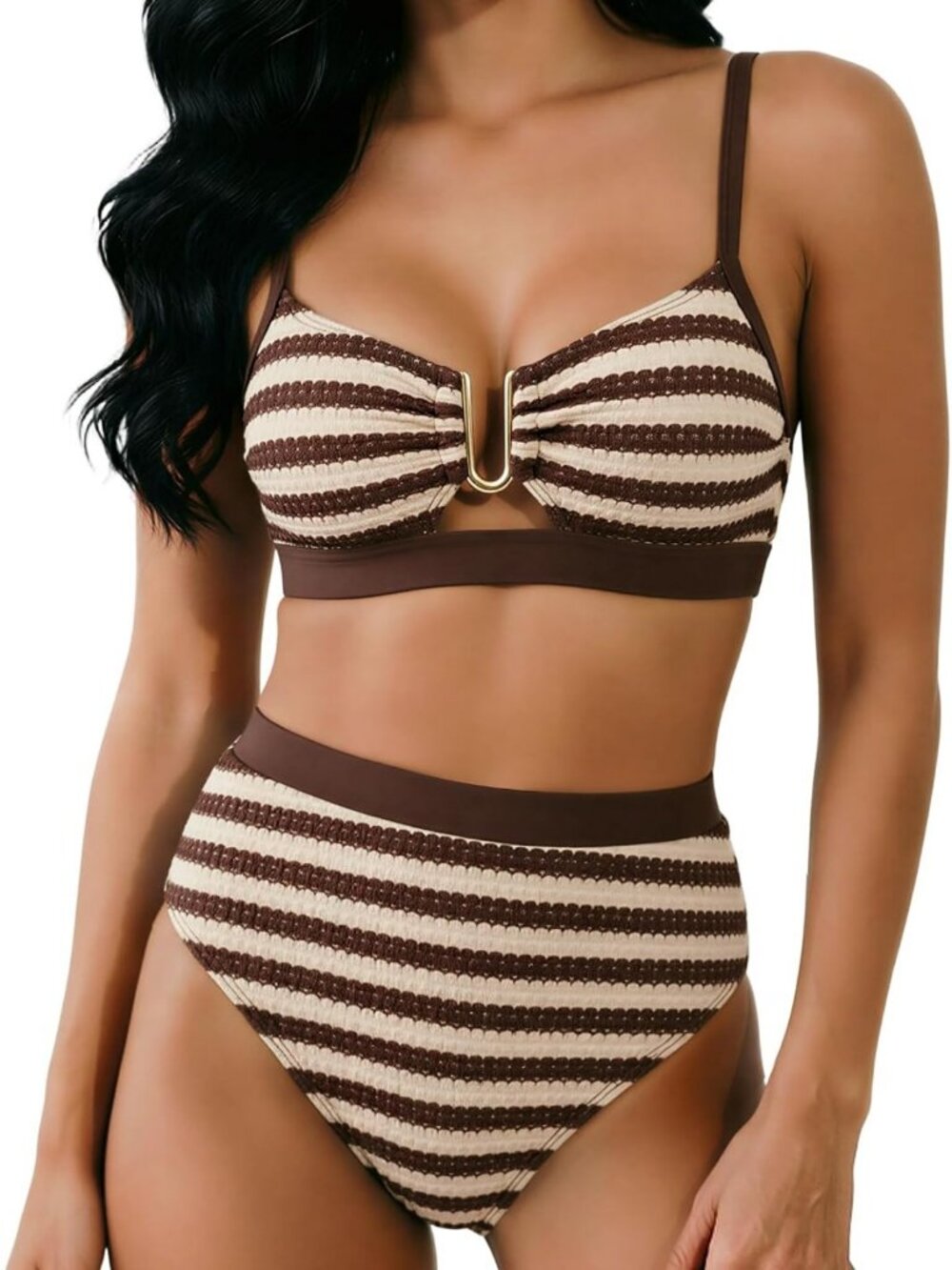 Textured Knit Ribbed Striped Bikini Set - Supportive Two Piece Swimsuit with